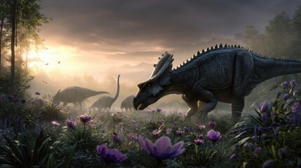 Prehistoric Dinosaur Herd in Lush Flowered Jungle During Sunset Lighting Scene