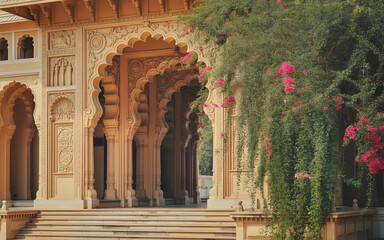 Mysore Palace Architecture Backdrop with Ornate Stone Archway, Carved Pillars and Bougainvillea Vines in Golden Sunlight