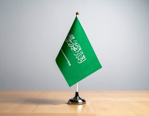 Small Green National Flag on Desk Stand with Arabic Calligraphy Detail