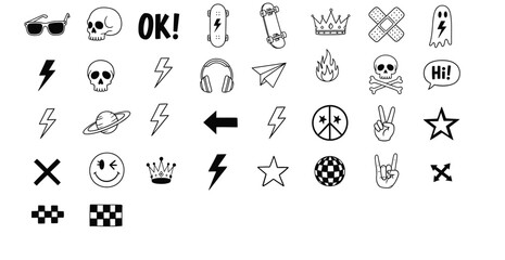 Collection of hand drawn doodle icons featuring skulls skateboards lightning bolts and smiley faces © Shorifulislam