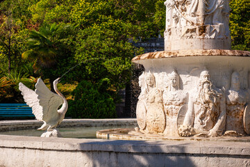 Sochi, Russia - July 04, 2020: Skazka Fountain in the Sochi Arboretum park of unique subtropical flora and fauna in Sochi resort city in Krasnodar Krai, Russia, close up