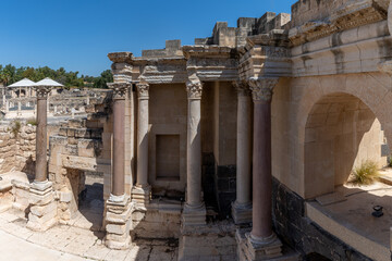 Stage left with beautiful columns in the amphitheater at Beit Shean National Park in Bet Shean in...