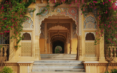 Mysore Palace Architecture Backdrop with Ornate Stone Archway, Carved Pillars and Bougainvillea Vines in Golden Sunlight