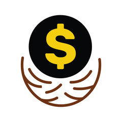 Golden dollar sign nested within the brown bird's nest against a white background