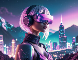 Magnifique portrait serré d'une très jolie femme blonde platine, dans un décor à l'ambiance futuriste, portant un casque de réalité virtuelle sur le visage, ainsi qu'un casque audio