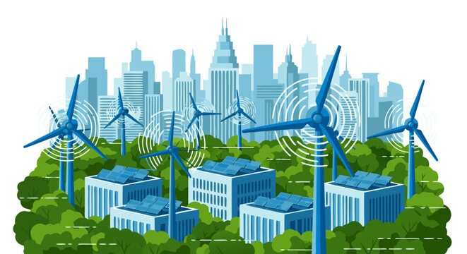 Wind Turbines & Solar Panels Powering City Renewable Energy Future