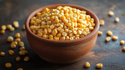 Freshly harvested yellow corn kernels in a rustic clay bowl on a textured wooden surface, perfect for culinary and agricultural themes