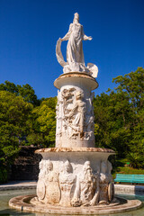 Sochi, Russia - July 04, 2020: Skazka Fountain in the Sochi Arboretum park of unique subtropical flora and fauna in Sochi resort city in Krasnodar Krai, Russia, vertical photo