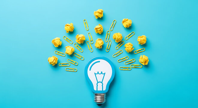 Lightbulb illustration surrounded by crumpled yellow paper balls and paperclips on a blue background.