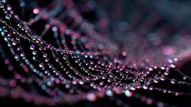 Close-up of a spiderweb covered in vibrant water droplets creating a beautiful network in front of a dark background - Powered by Adobe