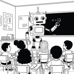Black and white coloring book illustration of a humanoid robot teacher writing a math equation on the blackboard for young students in a classroom.