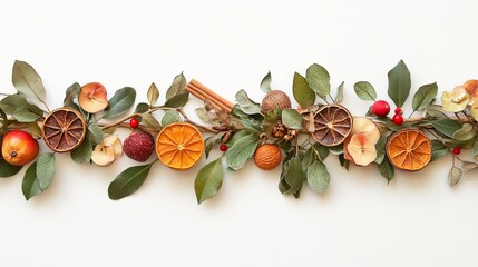 festive garlands made of dried fruits, cinnamon sticks, and greenery .