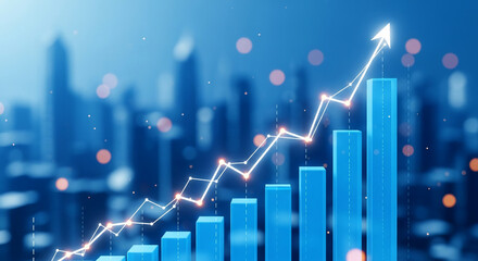 Stock market growth chart with arrow pointing up blue bar graph showing financial success business investment and economic development c