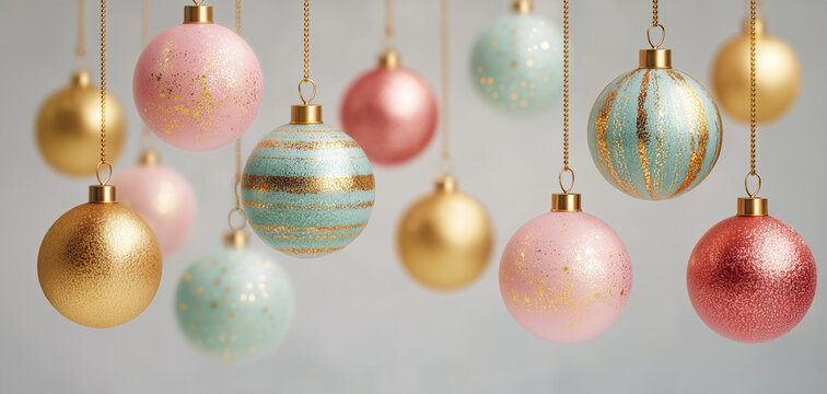 Stylish pastel pink and blue Christmas ornaments decorated with gold glitter and patterns hanging against a soft bokeh background. Elegant, modern, and luxurious holiday decoration concept. - Powered by Adobe