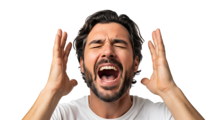 Man with open mouth and closed eyes holding hands near head in distress isolated on a transparent background