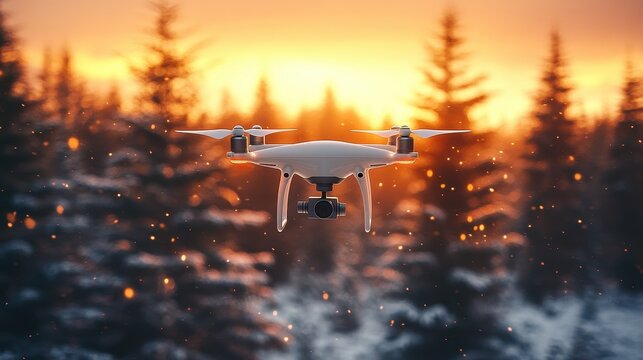 A white drone is flying over a forest with a sunset in the background. The drone is capturing the beauty of the forest and the sunset, creating a serene and peaceful atmosphere