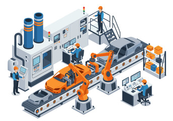 Automotive industry smart factory with robotic arms on a conveyor. Isometric concept of an automated car manufacturing assembly line process