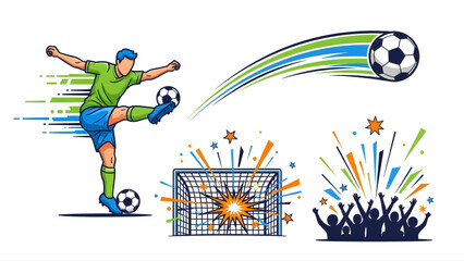 Dynamic illustration capturing the excitement of a soccer match with a player, goal, and cheering crowd