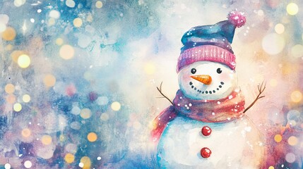 Snowman with holiday lights, watercolor, festive background .