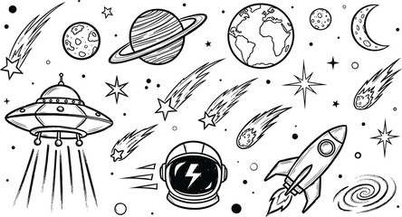 Hand drawn space objects including planets astronaut helmet ufo and rocket