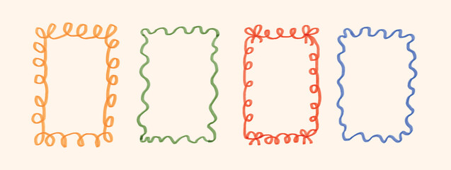 Set of colorful hand-drawn vintage rectangular frames with playful wavy and curly borders. Ideal for decorating cards, notes, invitations, certificates or book covers.