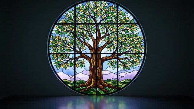 A round stained-glass window of a tree in a dark room. The window is central. The image is mirrored below