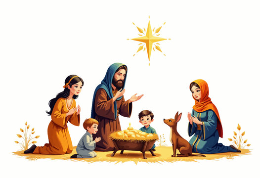 Animated scene depicting a family gathered around a manger in a peaceful setting with a glowing star above, symbolizing a significant religious event