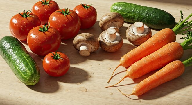 Fresh tomatoes cucumbers carrots and mushrooms arranged on a light wooden surface