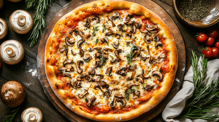 Delicious mushroom pizza with fresh herbs and tomatoes on a wooden table