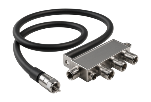 Coaxial cable with integrated splitter for connecting multiple devices in a media room.
