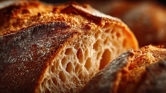 Close up of a freshly baked slice of sourdough bread with large holes and a crust sprinkled with seeds, showcasing artisanal baking techniques
