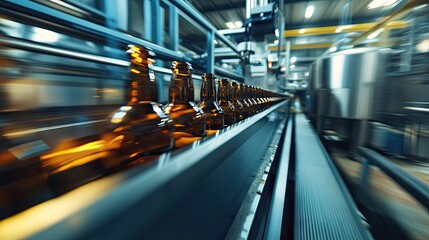 Production Line of Bottled Beverage with Amber Glass Bottles in a Modern Factory Setup Capturing the Process of Mass Manufacturing and Quality Control
