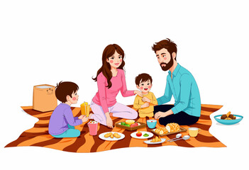 Family Enjoying a Cozy Picnic with Food and Games on a Colorful Blanket in a Warm Outdoor Setting