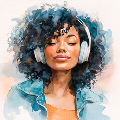 Watercolor illustration of a young woman enjoying music with headphones, eyes closed and relaxed. Perfect for lifestyle blogs, music-themed designs, wellness content, posters, and modern branding.