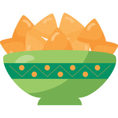 A Green Bowl Filled With Golden Nacho Chips Decorated With A Geometric Pattern And Transparent Background