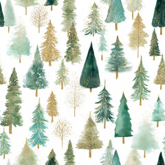 Seamless watercolor Christmas pattern with hand-painted trees on a white background, perfect for holiday wrapping paper, fabric design, stationery, and festive branding.