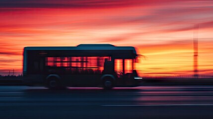Dramatic Sunset Scene Featuring Motion Blur of City Bus Silhouetted Against Vibrant Colorful Sky at Dusk with Striking and Artistic Visual Elements