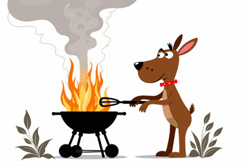 Animated cartoon dog cooking on a barbecue grill with flames and smoke, surrounded by plants, wearing a red collar, showcasing outdoor fun and culinary adventure