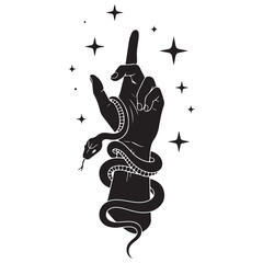Stylized black silhouette of a hand with an upward-pointing finger, entwined with a snake and surrounded by mystical stars on a white background
