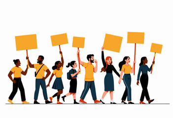Illustration of diverse crowd walking together holding blank protest signs demonstrating unity and social activism for a common cause