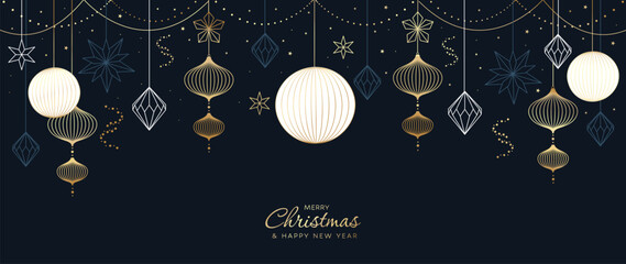 Naklejka premium Christmas and Happy New Year greeting banner vector illustration with hanging gold lanterns ornaments and navy backdrop — luxury design for holiday promotions and invitations