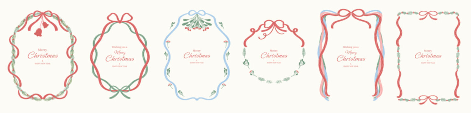 Christmas and New Year decorative frames vector illustration with mistletoe ribbons red curves and minimal festive borders &mdash; clean design for greeting cards and holiday stationery