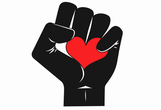 Bold Graphic of a Raised Black Fist Clutching a Red Heart Symbolizing Strength, Unity, and Passion in a Striking Minimalist Art Design