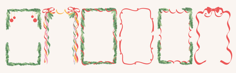Obraz premium Christmas and New Year decorative frames vector illustration with pine garlands red ribbons colorful hanging ornaments and festive handmade borders — warm design for greeting cards and holiday prints