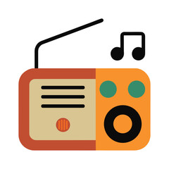 Old school radio with music notes on white background.