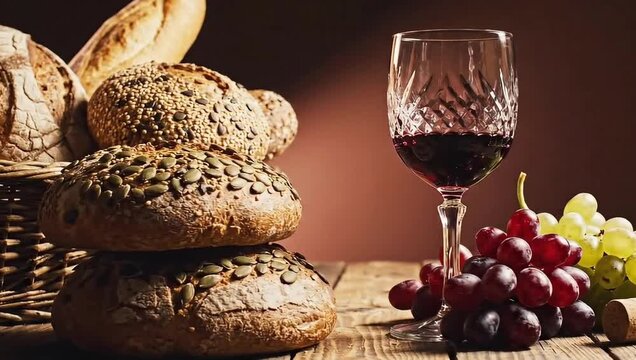 Artisan bread assortment in rustic basket with wine and grapes, creating a warm, inviting gourmet food scene
