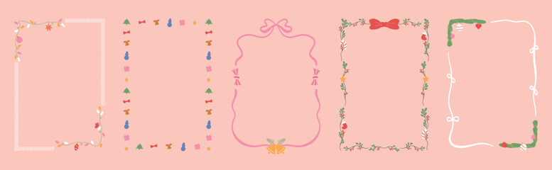 Fototapeta premium Christmas and New Year decorative frames vector illustration with pink background ornaments festive icons holly lines and ribbon borders — cute design for greeting cards and seasonal prints