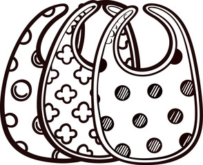 Set of three patterned baby bibs with polka dots and floral designs outlined in black and white illustration