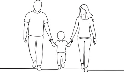 Happy family in continuous line art drawing style. Front view of parents with their little kid holding hands and walking together black linear sketch isolated on white background. Vector illustration
