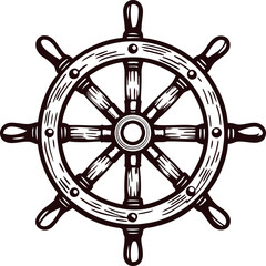 Hand drawn antique ship wheel isolated on white background nautical vintage engraving illustration